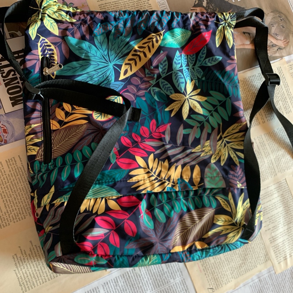 Tropical Leaf Print Drawstring Backpack - image 1